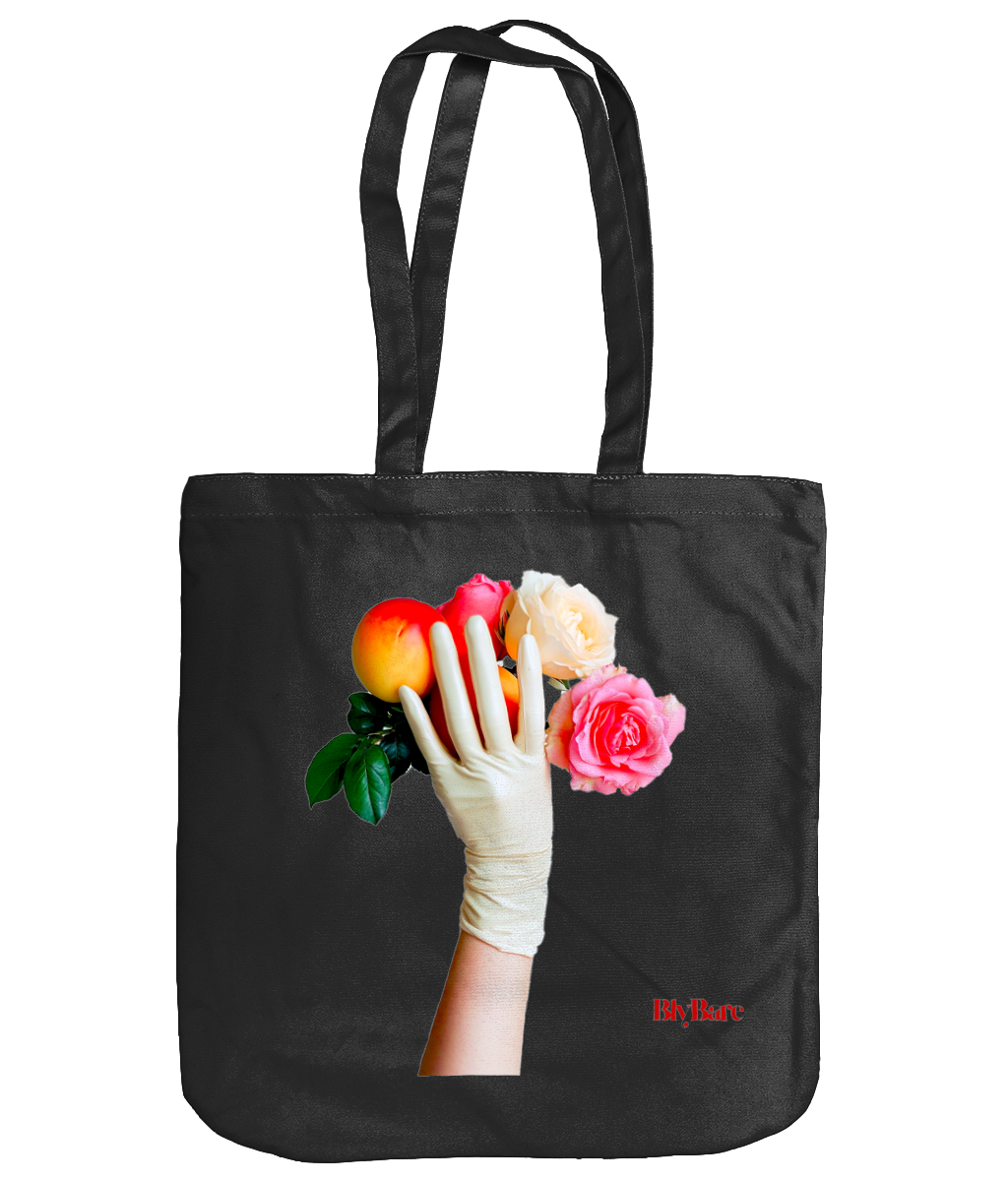 EarthAware Organic Spring Tote Gloved Hand with Roses and Peaches copy Colorful Minimalist Logo